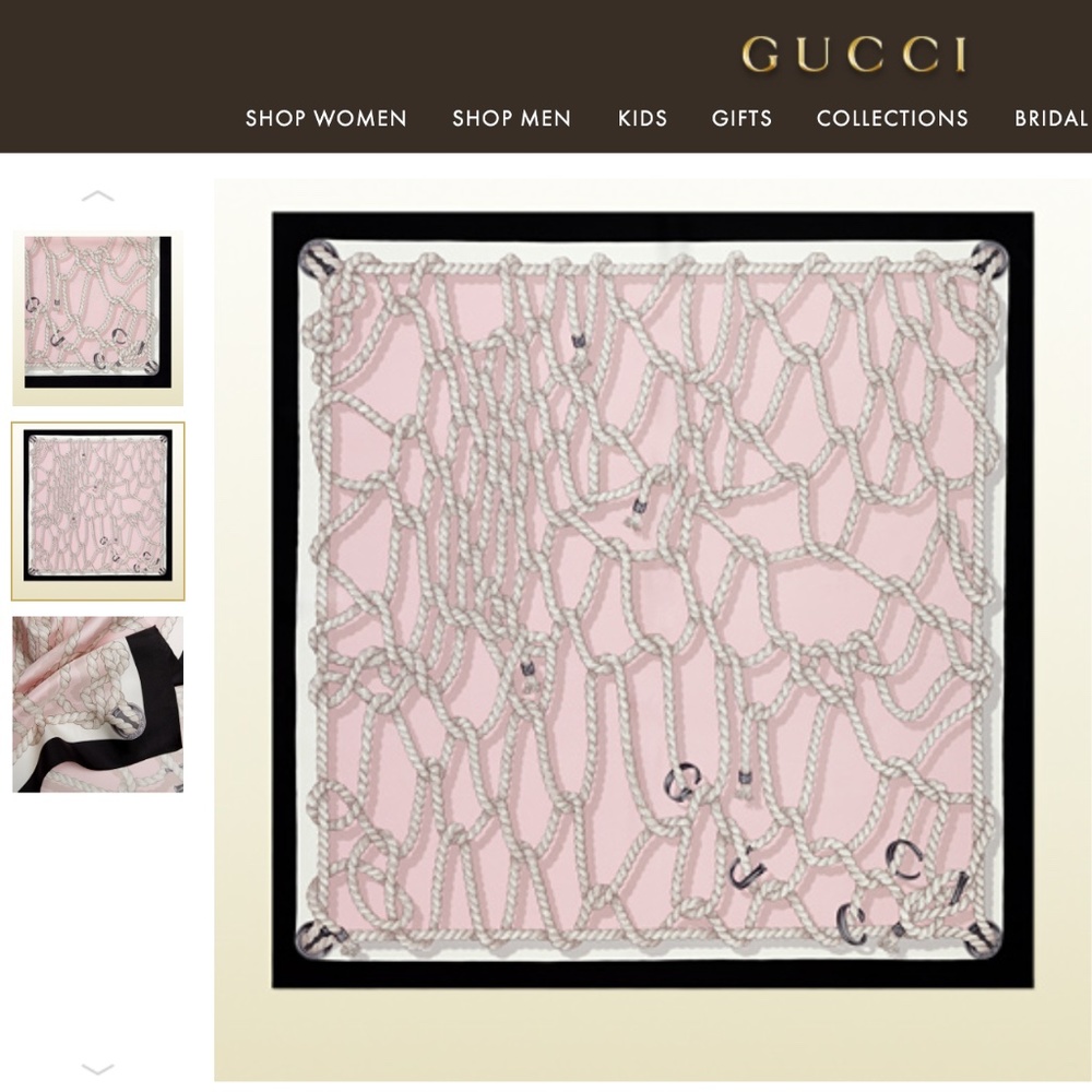 New Gucci Silk Scarf Pink Ropes Print Black Border Silk Wrap Scarf - Picture 2 of 15